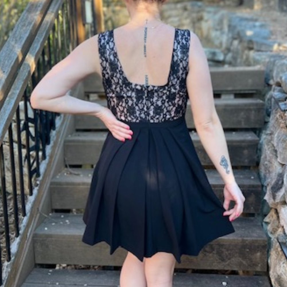 Black Fit & Flare Dress with Nude Lace Back, Bow Front. Size S